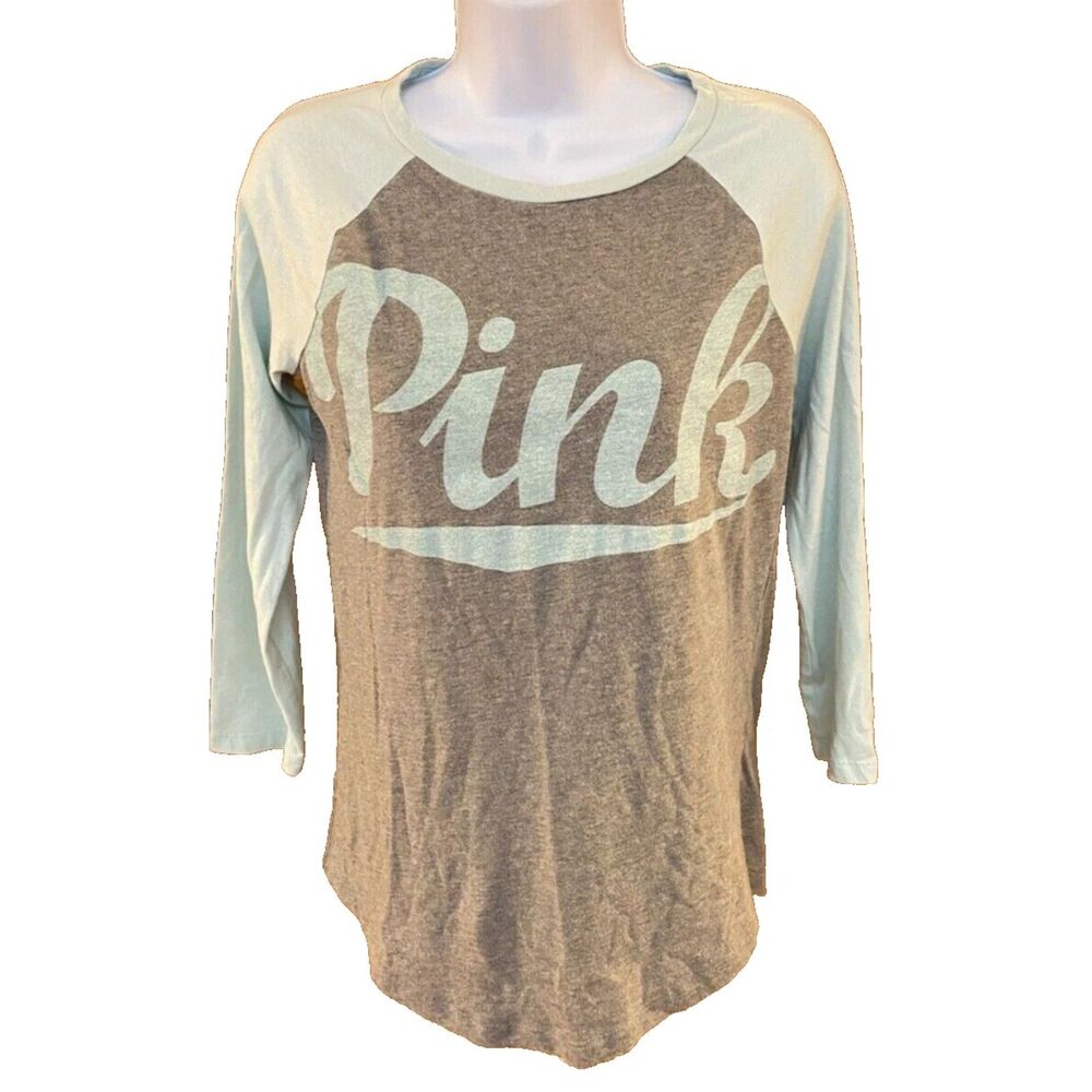 VS PINK Raglan Baseball Jersey Tee T Shirt Gray Blue Pink Logo Graphic Size XS